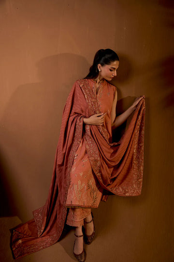 Sobia Nazir WS25-4A rust embroidered khaddar stitched suit with herringbone shawl, available worldwide at Pakistanimoda.