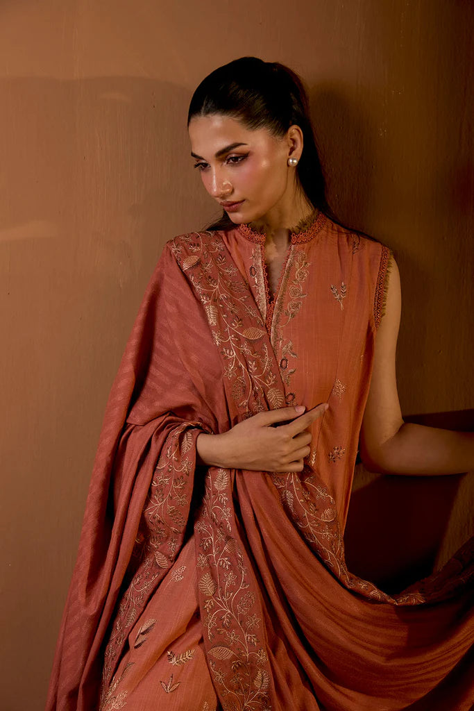 Sobia Nazir WS25-4A rust embroidered khaddar stitched suit with herringbone shawl, available worldwide at Pakistanimoda.
