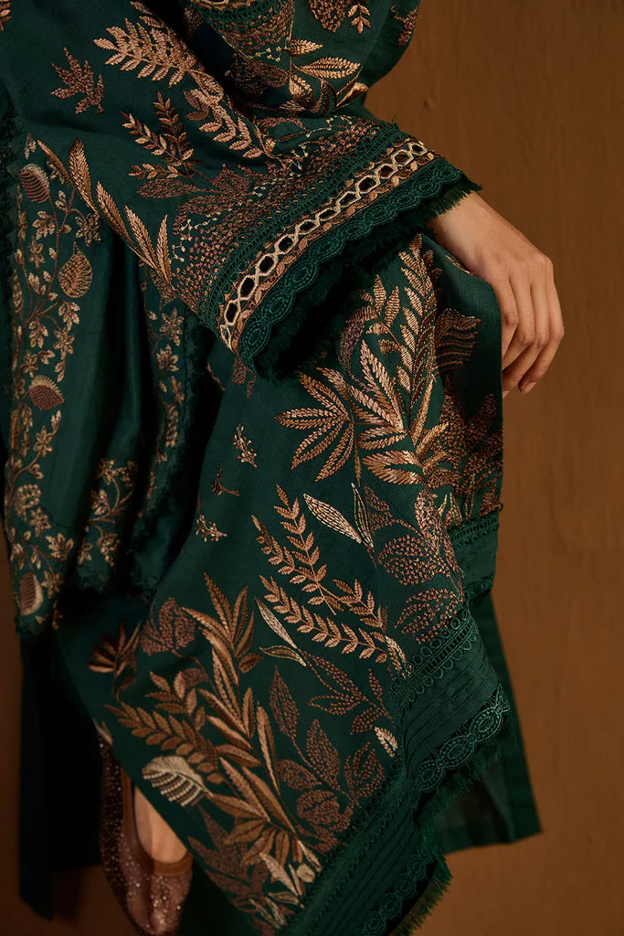 Sobia Nazir WS25-4B green embroidered stitched winter suit with herringbone shawl, available worldwide at Pakistanimoda.