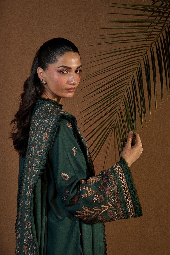 Sobia Nazir WS25-4B green embroidered stitched winter suit with herringbone shawl, available worldwide at Pakistanimoda.