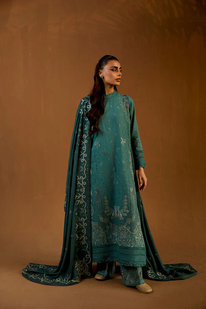 Sobia Nazir WS25-5A teal embroidered khaddar stitched suit with herringbone shawl, available worldwide at Pakistanimoda.
