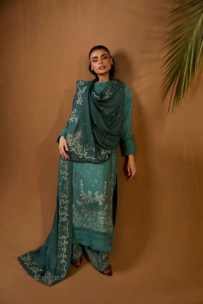 Sobia Nazir WS25-5A teal embroidered khaddar stitched suit with herringbone shawl, available worldwide at Pakistanimoda.