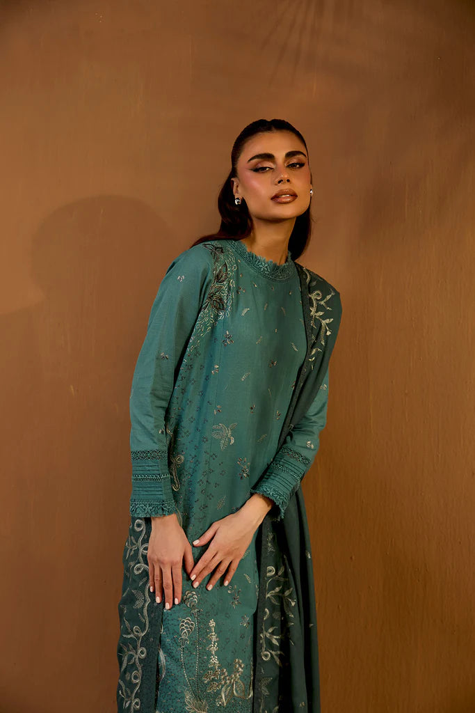 Sobia Nazir WS25-5A teal embroidered khaddar stitched suit with herringbone shawl, available worldwide at Pakistanimoda.