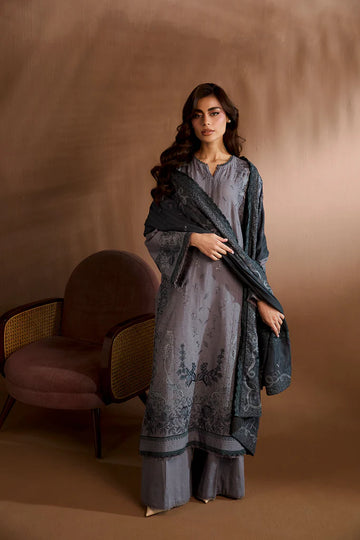 Sobia Nazir WS25-5B grey embroidered stitched winter suit with herringbone shawl, perfect for office wear, available at Pakistanimoda.