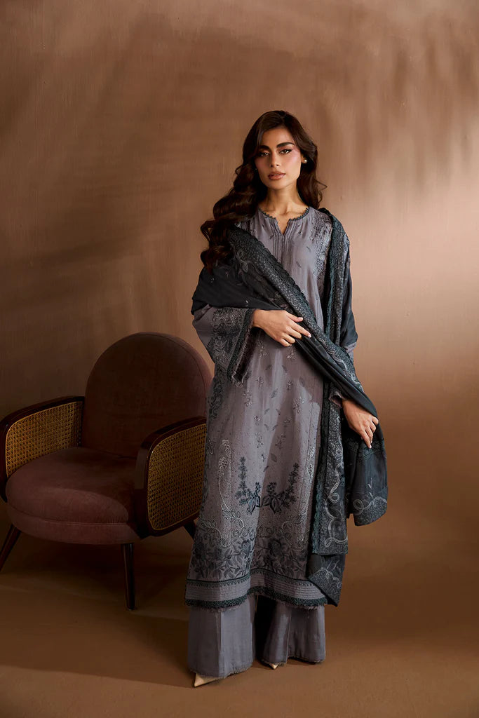 Sobia Nazir WS25-5B grey embroidered stitched winter suit with herringbone shawl, perfect for office wear, available at Pakistanimoda.