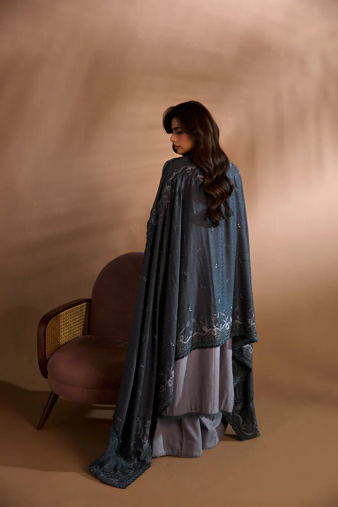 Sobia Nazir WS25-5B grey embroidered stitched winter suit with herringbone shawl, perfect for office wear, available at Pakistanimoda.