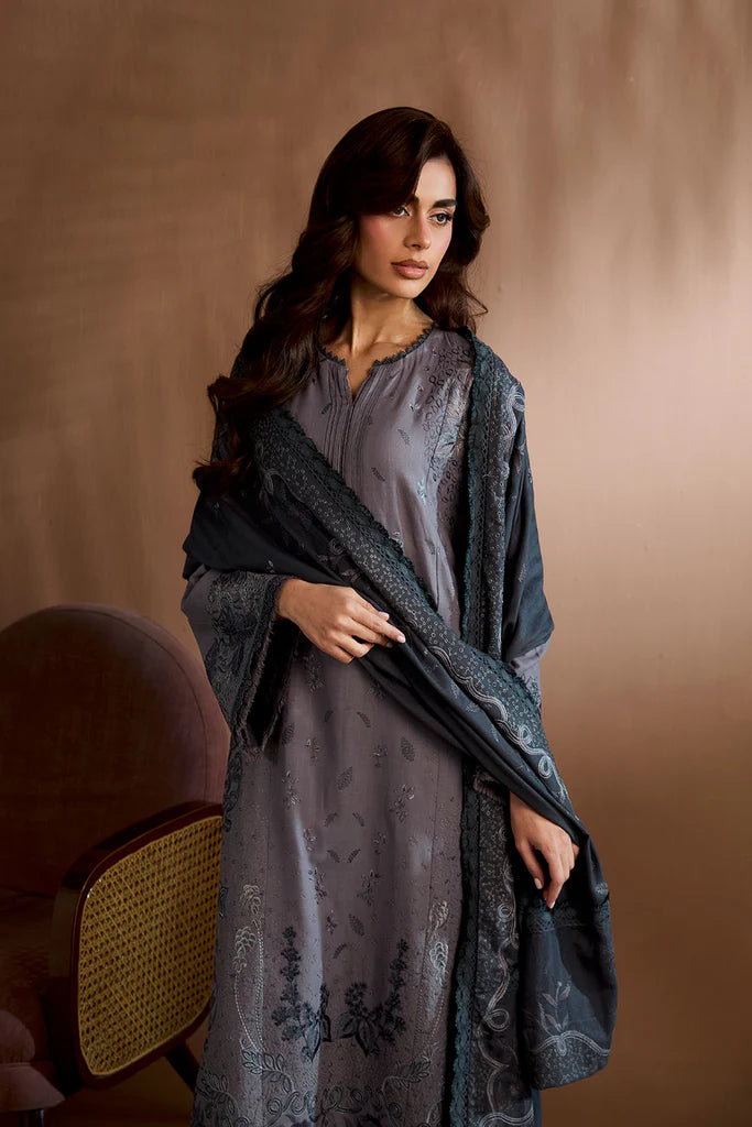 Sobia Nazir WS25-5B grey embroidered stitched winter suit with herringbone shawl, perfect for office wear, available at Pakistanimoda.