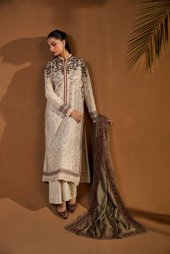 Sobia Nazir WS25-6A cream embroidered stitched winter suit with herringbone shawl, available worldwide at Pakistanimoda.