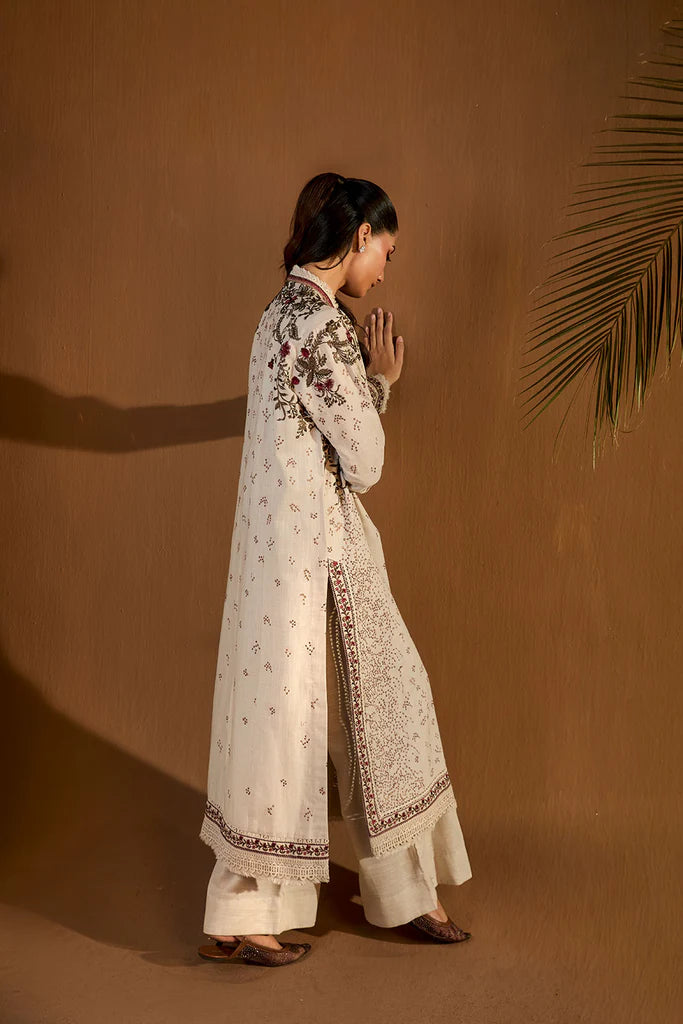 Sobia Nazir WS25-6A cream embroidered stitched winter suit with herringbone shawl, available worldwide at Pakistanimoda.