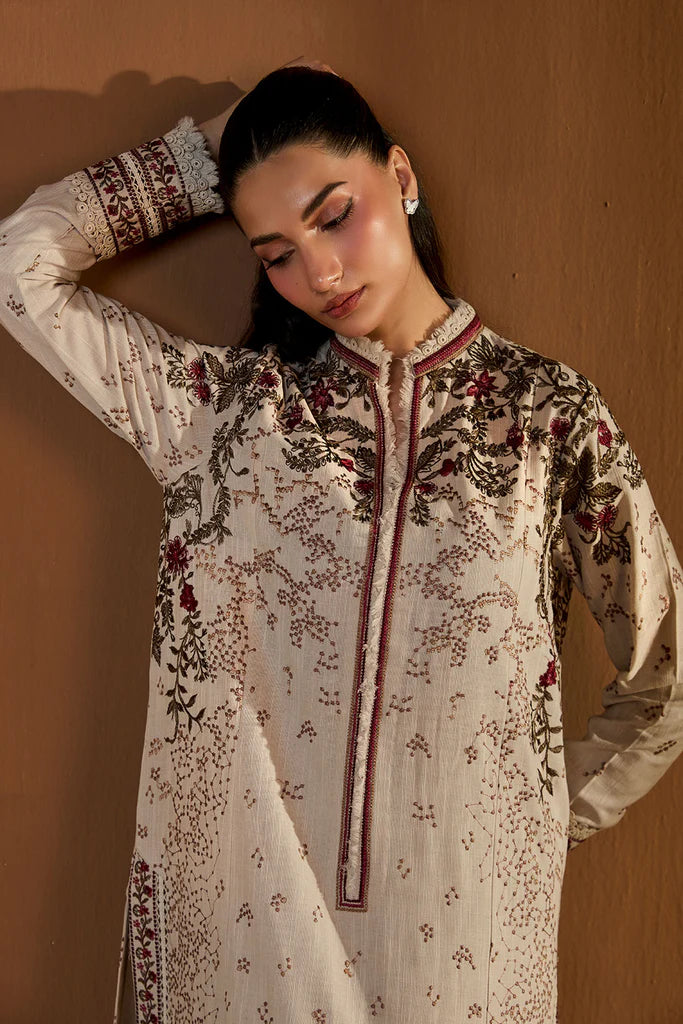 Sobia Nazir WS25-6A cream embroidered stitched winter suit with herringbone shawl, available worldwide at Pakistanimoda.