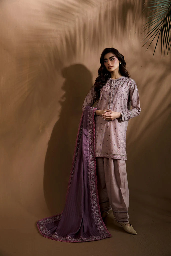 Sobia Nazir WS25-6B mauve embroidered stitched winter suit with herringbone shawl, perfect for seasonal events, available at Pakistanimoda.