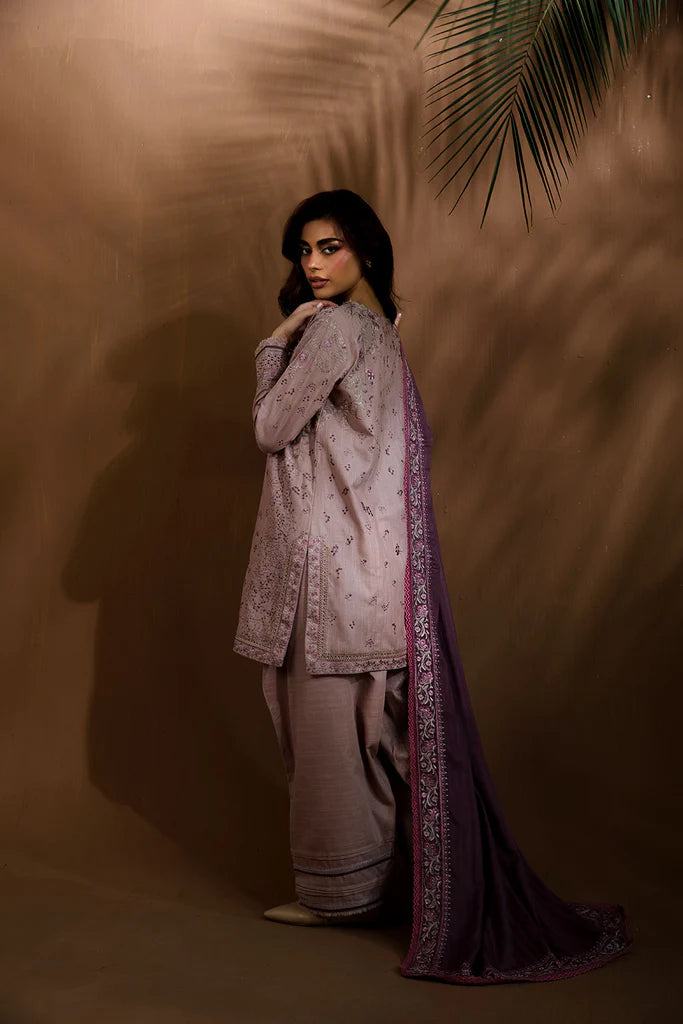 Sobia Nazir WS25-6B mauve embroidered stitched winter suit with herringbone shawl, perfect for seasonal events, available at Pakistanimoda.