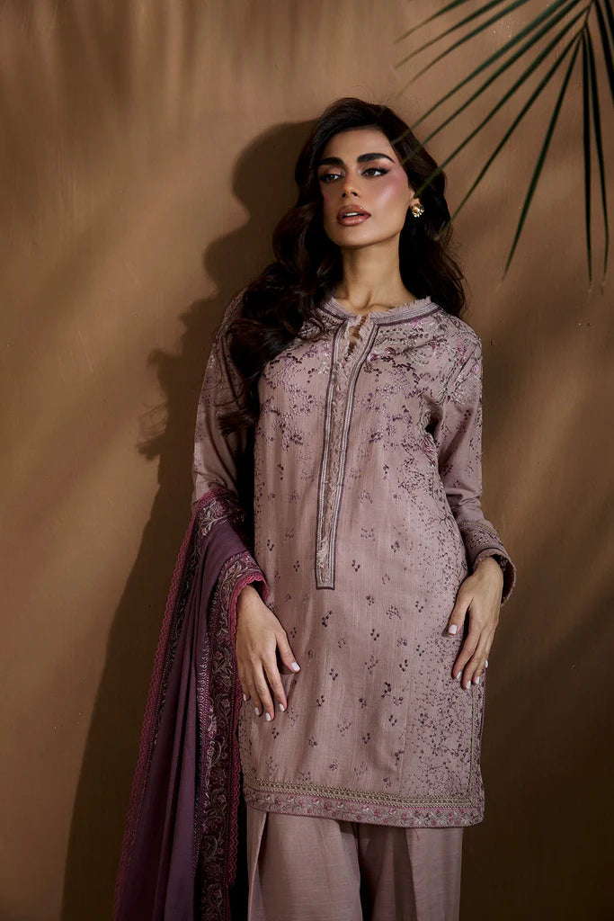 Sobia Nazir WS25-6B mauve embroidered stitched winter suit with herringbone shawl, perfect for seasonal events, available at Pakistanimoda.