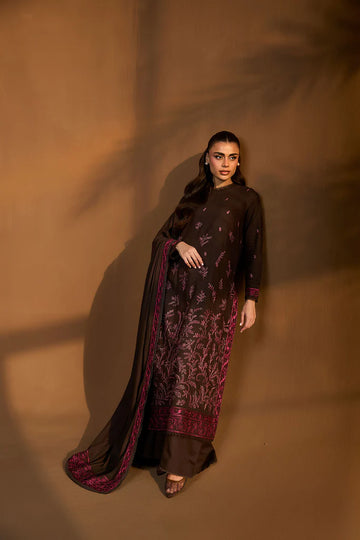 Sobia Nazir WS25-7A brown embroidered stitched formal winter suit with shawl, available with Canada delivery at Pakistanimoda.