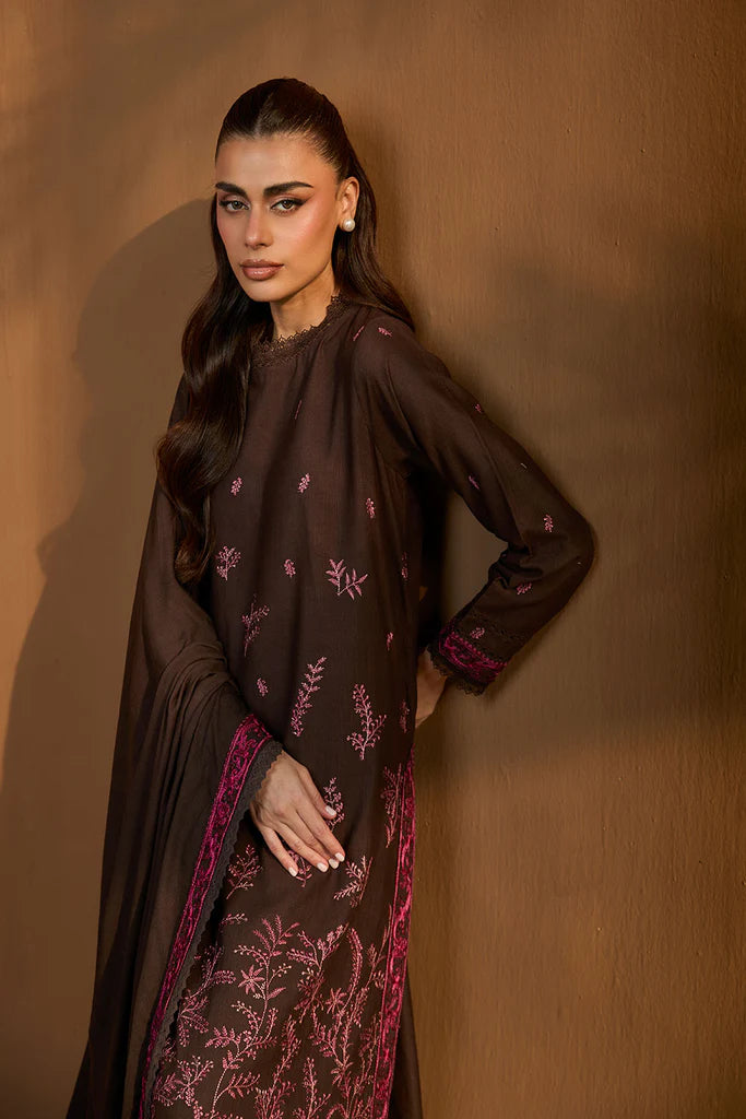 Sobia Nazir WS25-7A brown embroidered stitched formal winter suit with shawl, available with Canada delivery at Pakistanimoda.