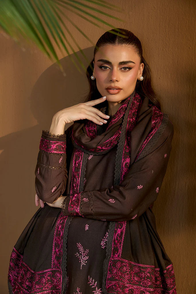 Sobia Nazir WS25-7A brown embroidered stitched formal winter suit with shawl, available with Canada delivery at Pakistanimoda.