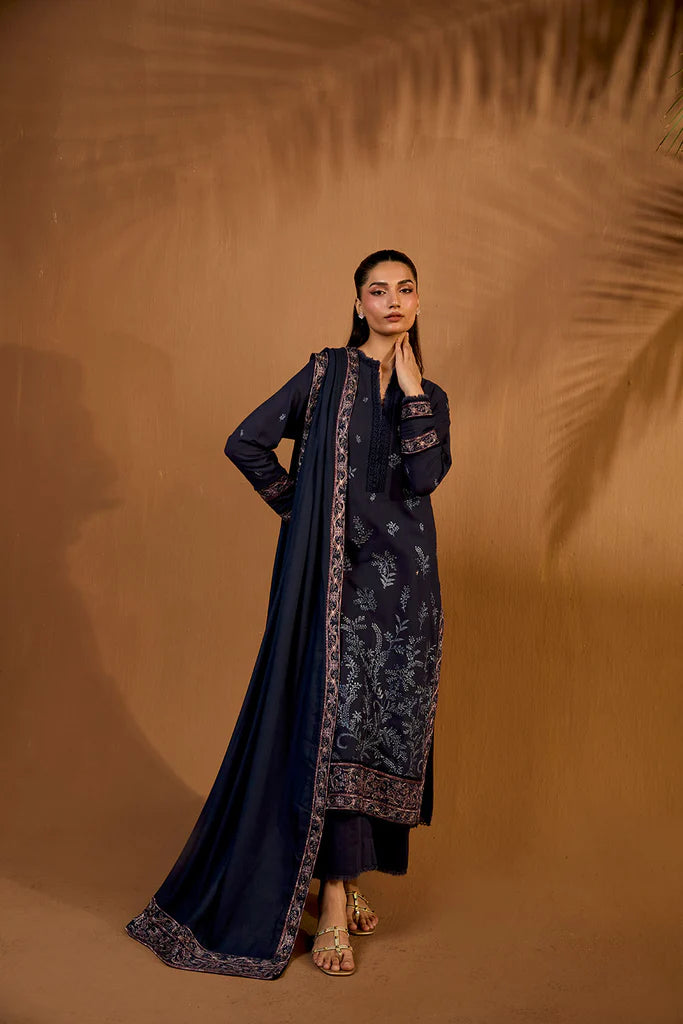 Sobia Nazir WS25-7B navy embroidered stitched khaddar winter suit with herringbone shawl, available worldwide at Pakistanimoda.