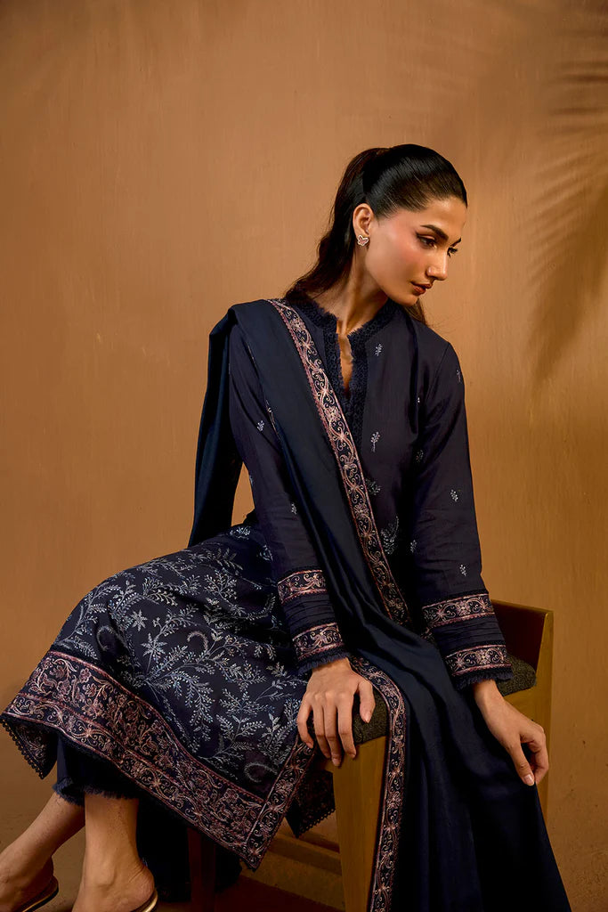 Sobia Nazir WS25-7B navy embroidered stitched khaddar winter suit with herringbone shawl, available worldwide at Pakistanimoda.