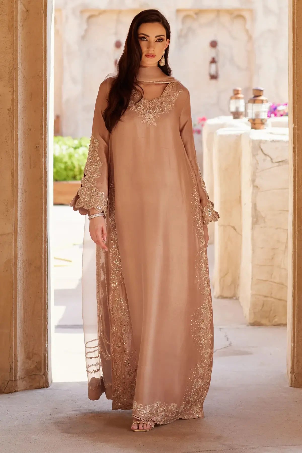 Wafa by Kanwal Malik Ghina luxury pret beige embroidered raw silk formal kaftan with organza dupatta Pakistanimoda