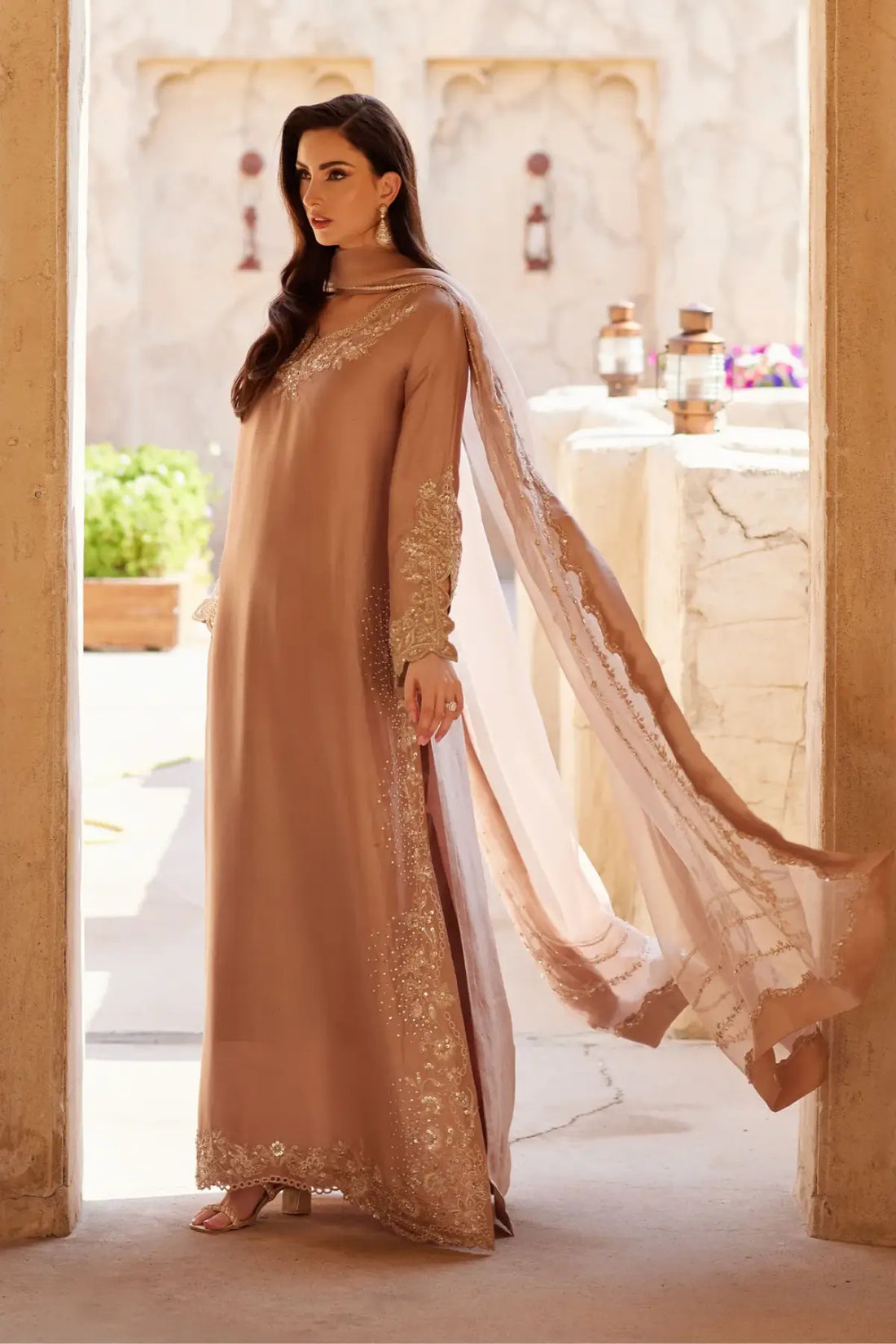 Wafa by Kanwal Malik Ghina luxury pret beige embroidered raw silk formal kaftan with organza dupatta Pakistanimoda