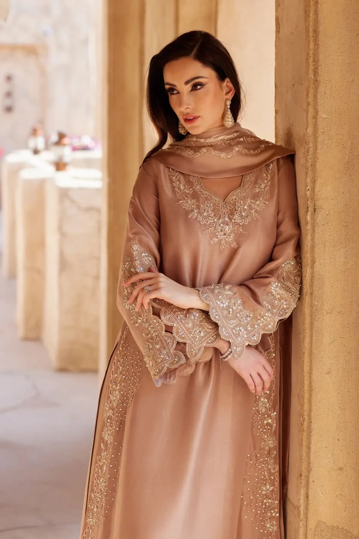Wafa by Kanwal Malik Ghina luxury pret beige embroidered raw silk formal kaftan with organza dupatta Pakistanimoda