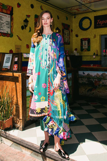 Water Dancers- Teal Lawn Suit with Printed Chiffon Dupatta By- Mushq