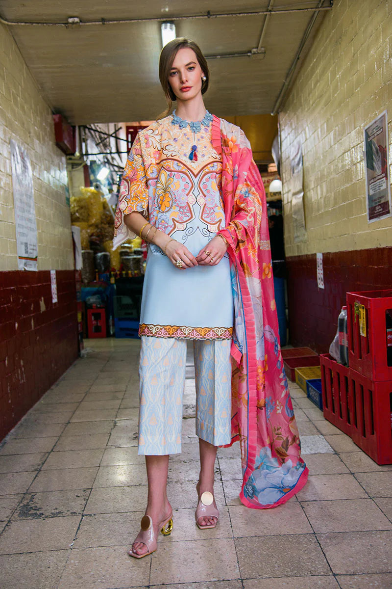 Water Lily- Classic sky blue printed lawn suit with embroidered details By- Mushq