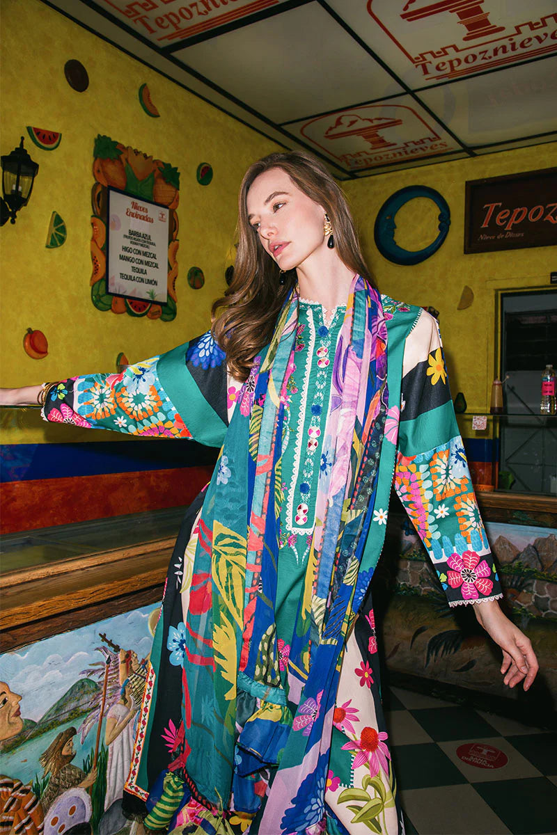 Water Dancers- Teal Lawn Suit with Printed Chiffon Dupatta By- Mushq