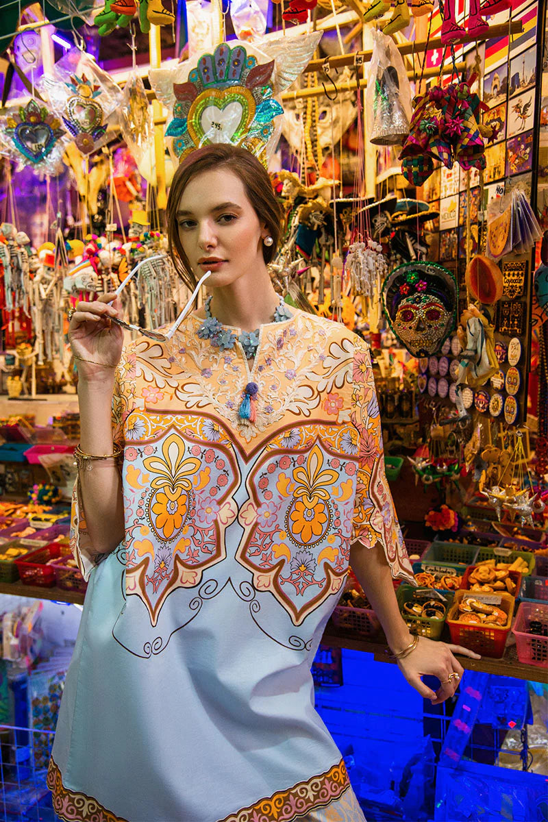 Water Lily- Classic sky blue printed lawn suit with embroidered details By- Mushq