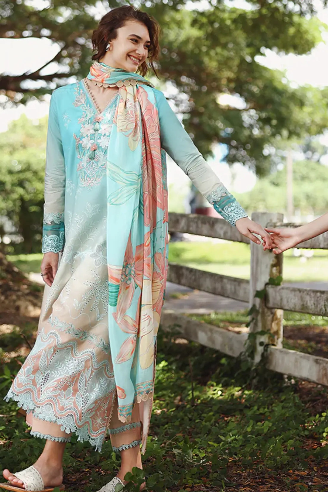 Whispered Dawn Mushq aqua pink chikankari lawn 3pc stitched suit with silk dupatta