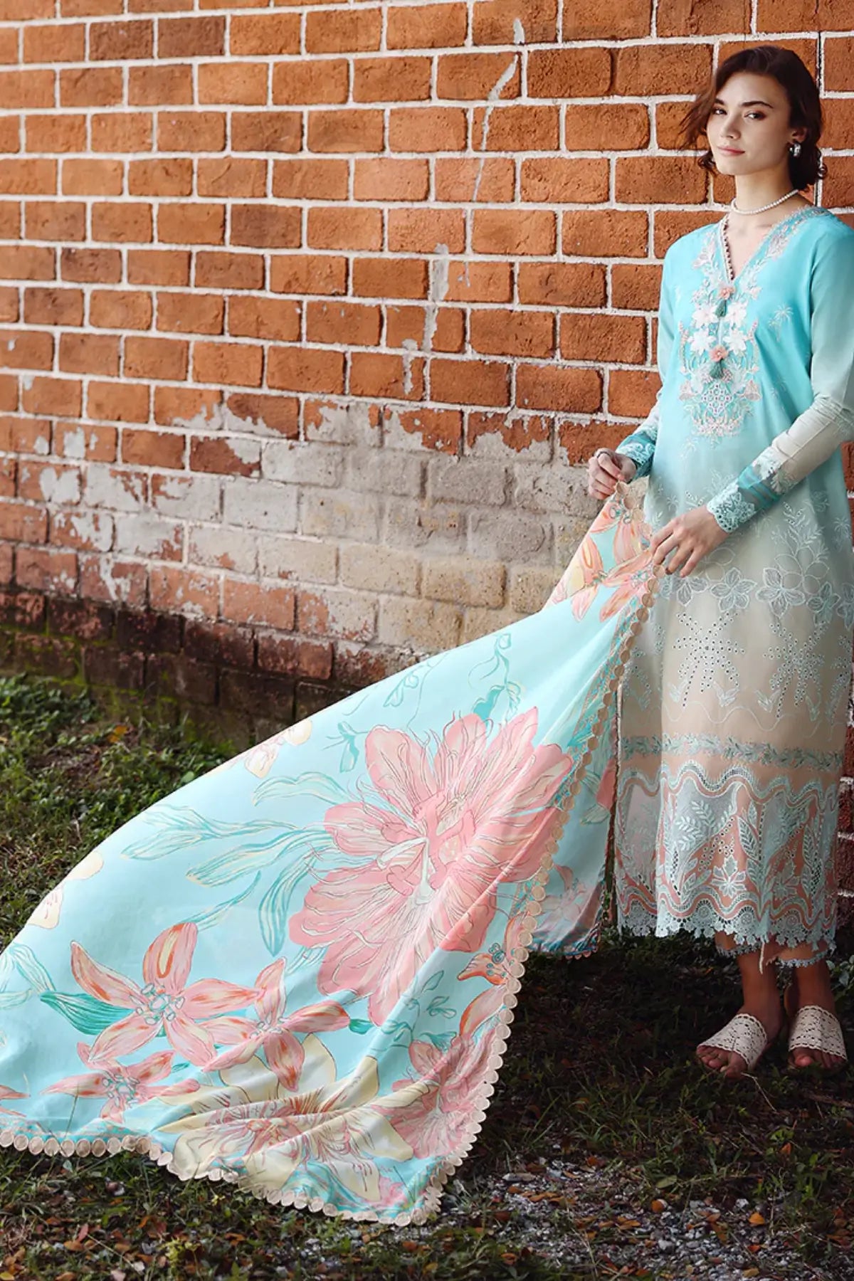 Whispered Dawn Mushq aqua pink chikankari lawn 3pc stitched suit with silk dupatta