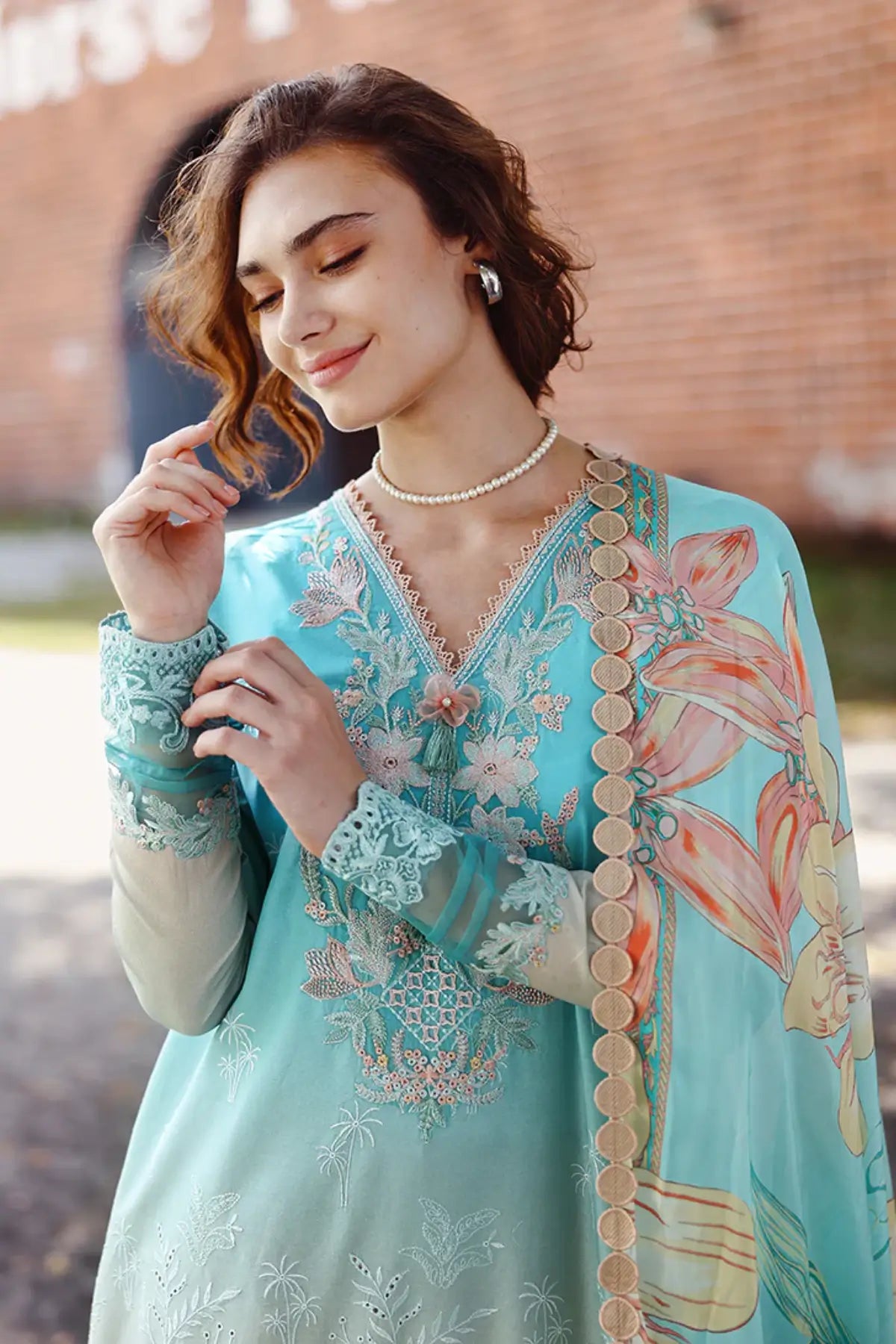 Whispered Dawn Mushq aqua pink chikankari lawn 3pc stitched suit with silk dupatta