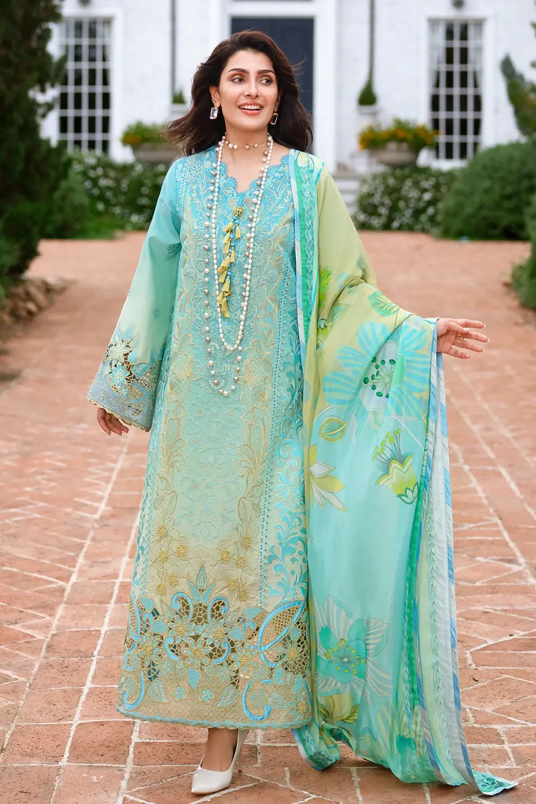 Whispering Winds by Mushq aqua lime embroidered lawn 3PC with silk dupatta