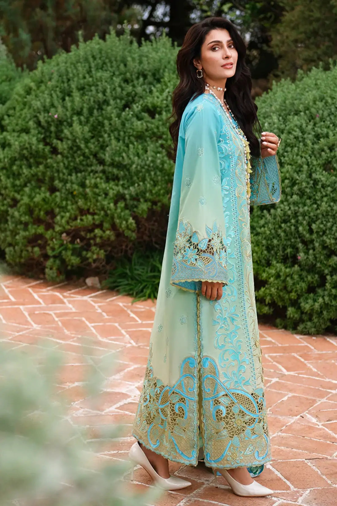 Whispering Winds by Mushq aqua lime embroidered lawn 3PC with silk dupatta