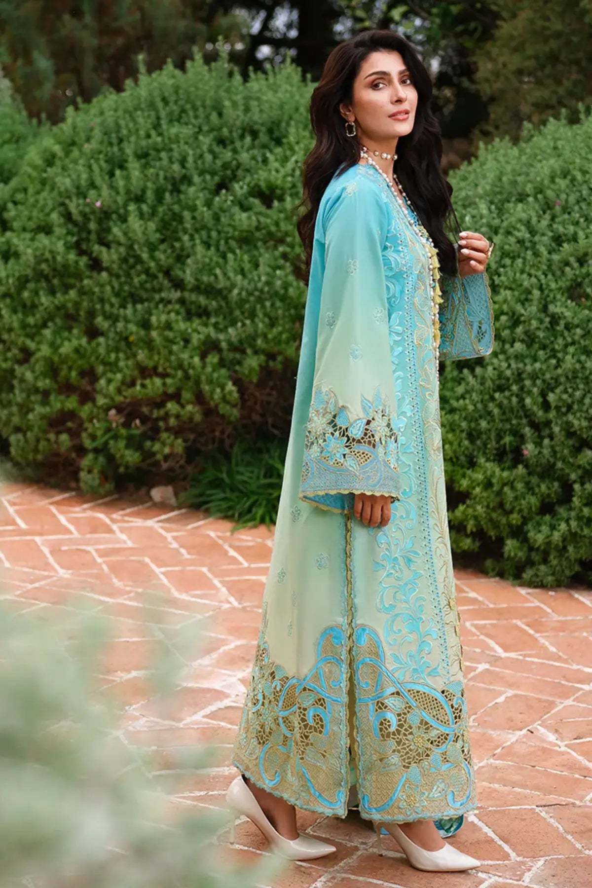 Whispering Winds by Mushq aqua lime embroidered lawn 3PC with silk dupatta