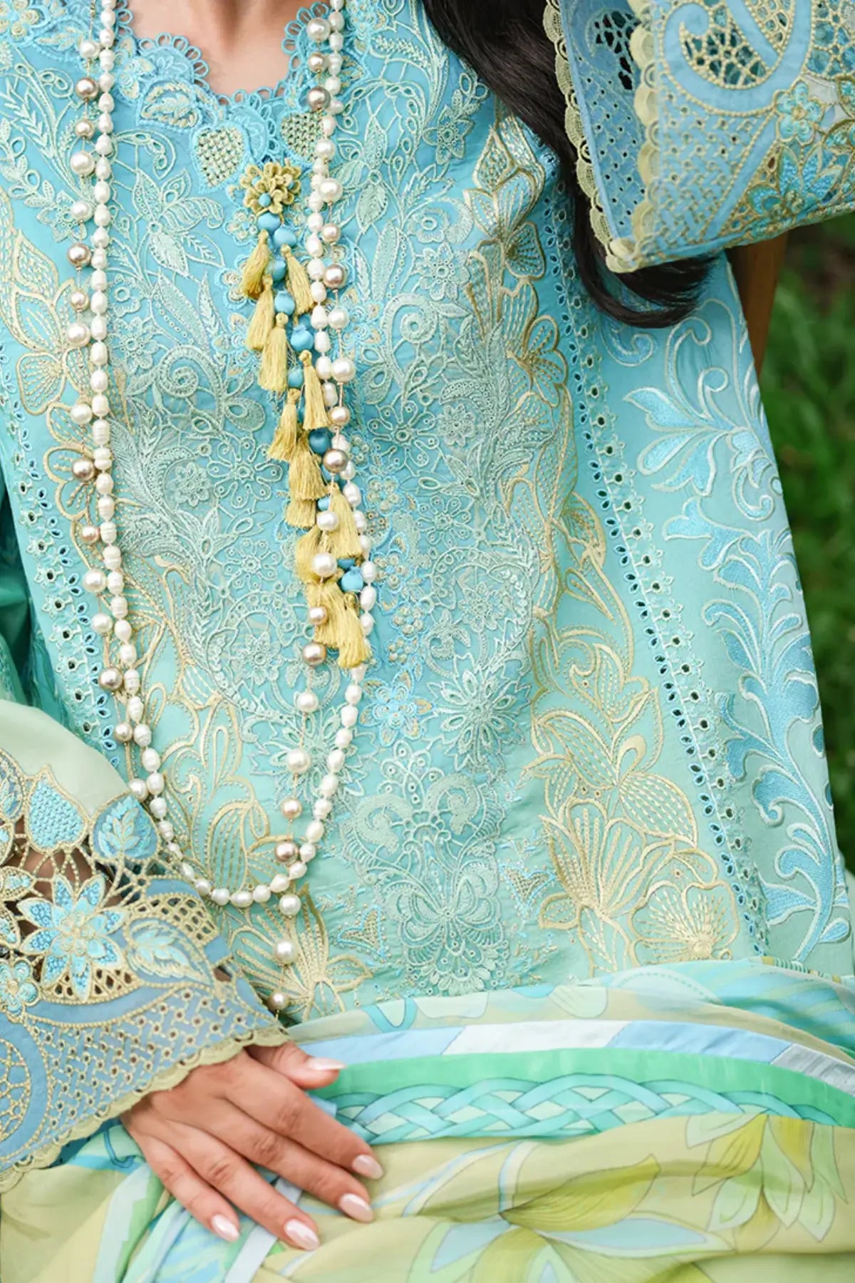 Whispering Winds by Mushq aqua lime embroidered lawn 3PC with silk dupatta