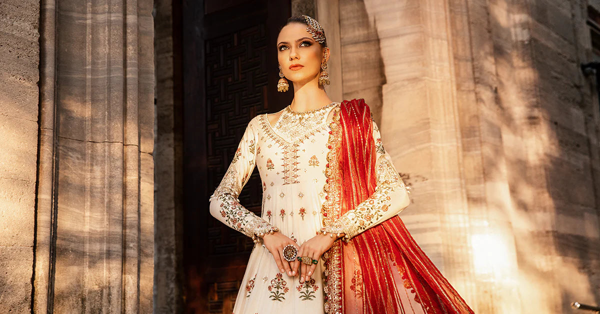 White Embroidered Cotton Satin Suit By Maria B