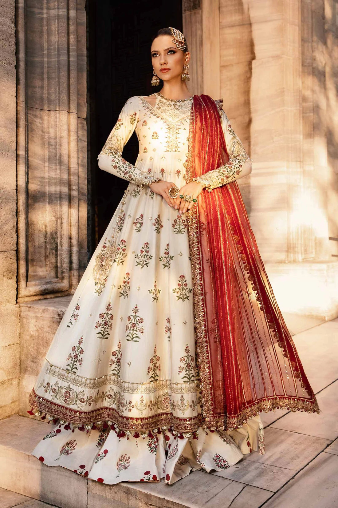 White Embroidered Cotton Satin Suit By Maria B