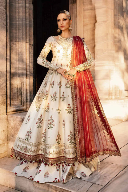 White Embroidered Cotton Satin Suit By Maria B