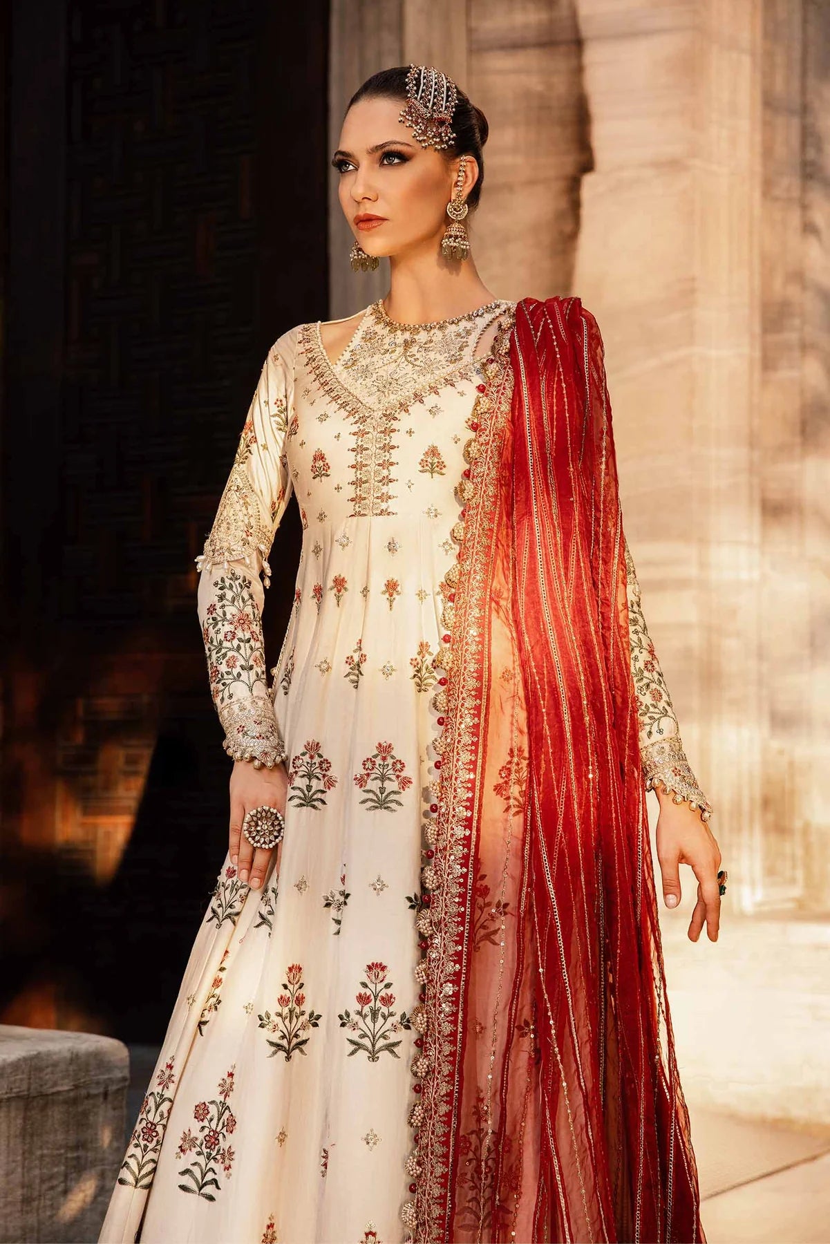 White Embroidered Cotton Satin Suit By Maria B