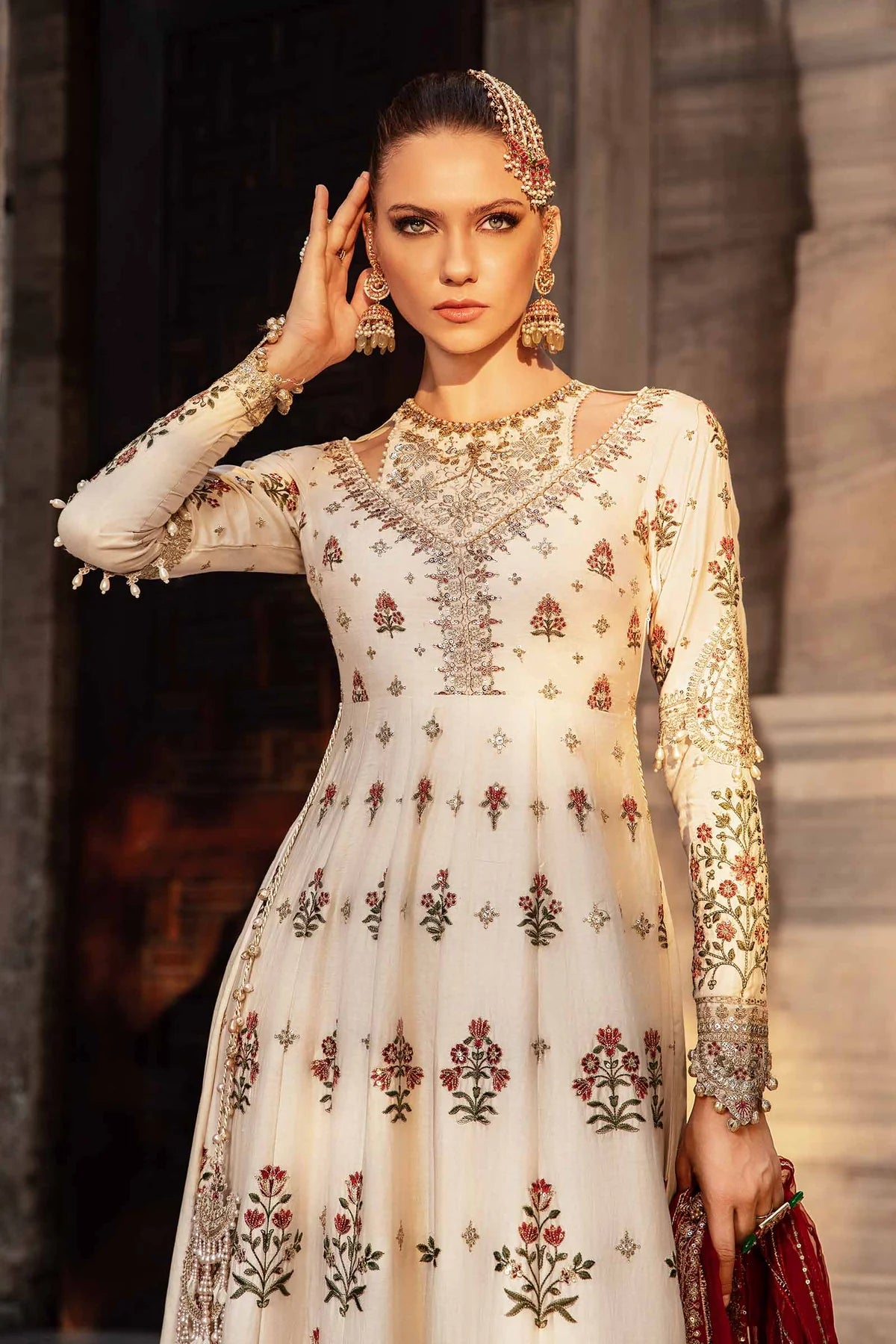 White Embroidered Cotton Satin Suit By Maria B