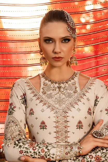 White Embroidered Cotton Satin Suit By Maria B