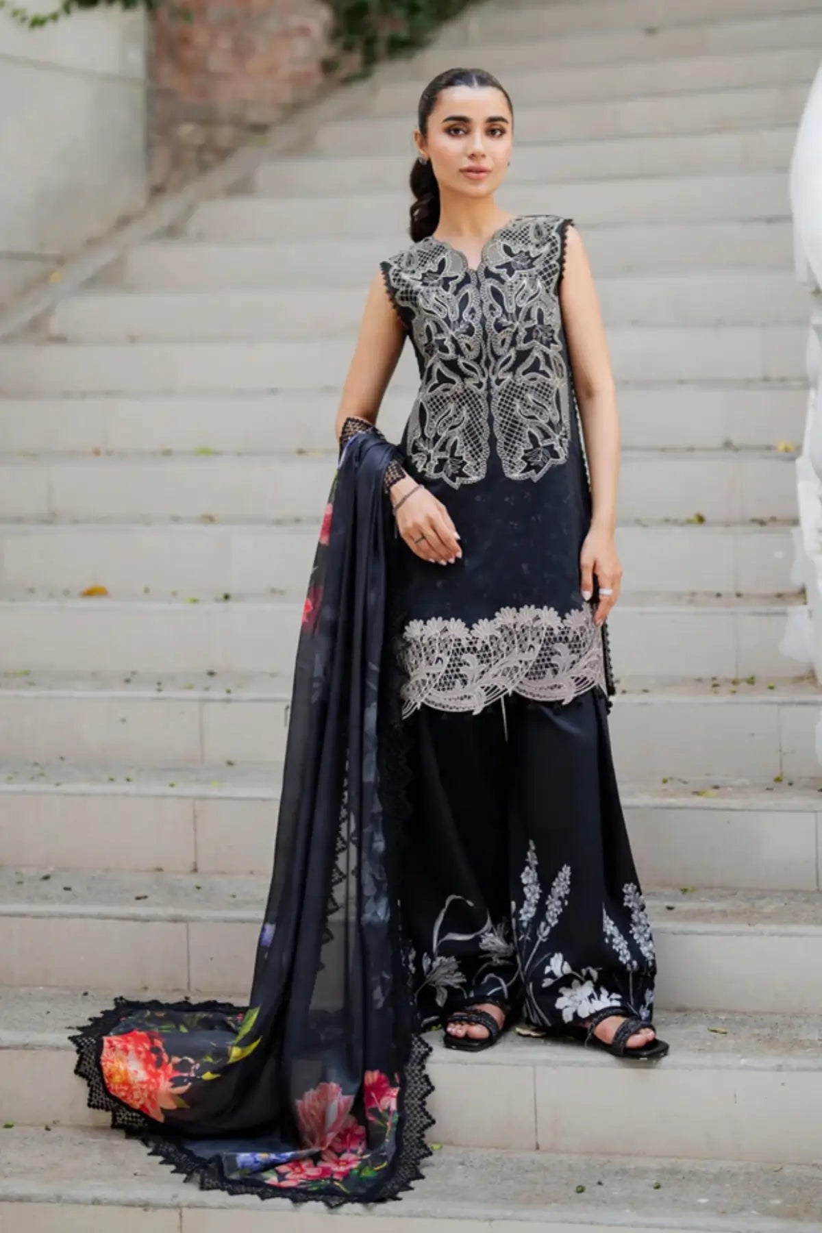 Wildflower Whimsy MSSL-06 by Asifa & Nabeel jet black stitched lawn 3PC from Meraki Summer 26