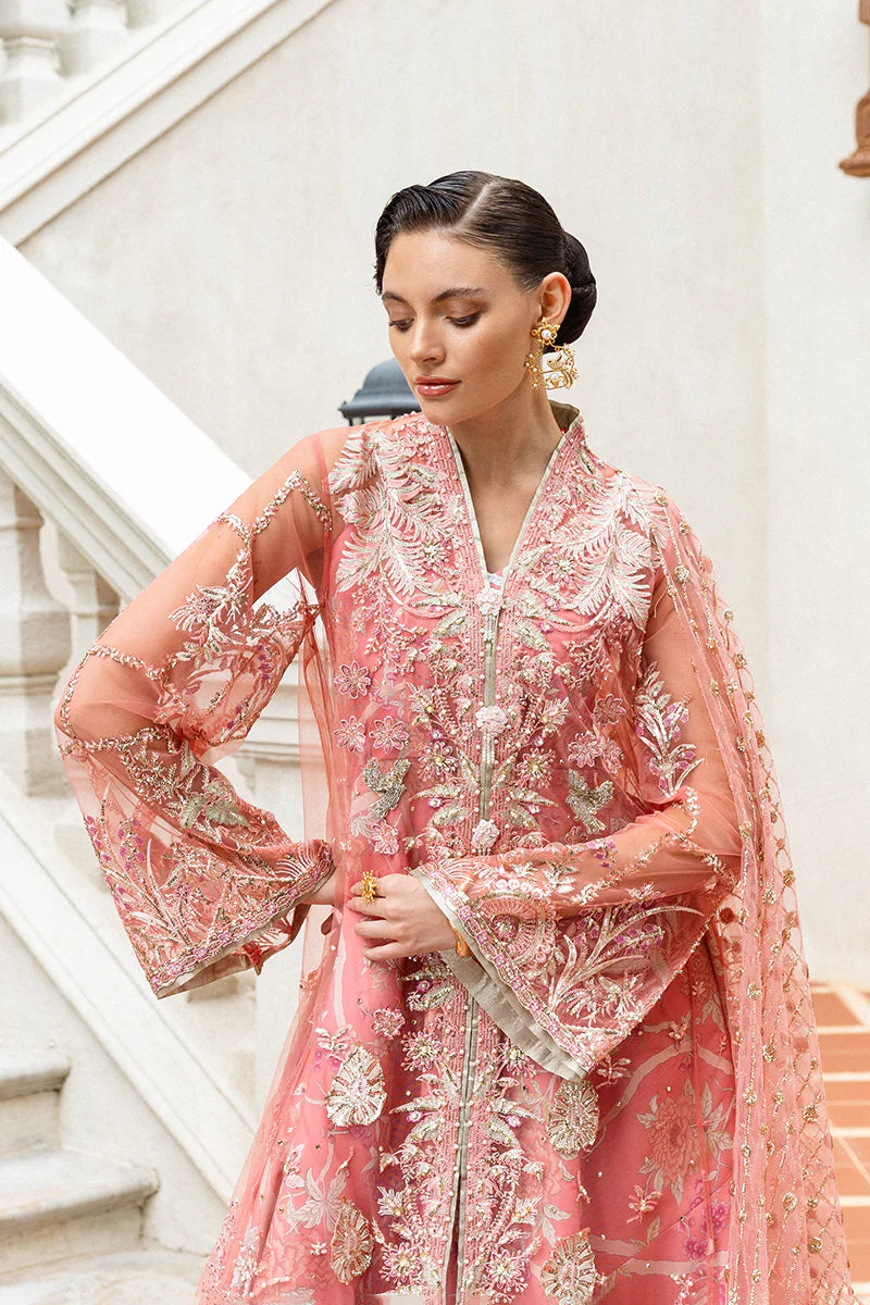 Mushq Wings of Desire coral couture bridal & formal attire with sequins and 3D embellishments – shop online at Pakistanimoda.com.