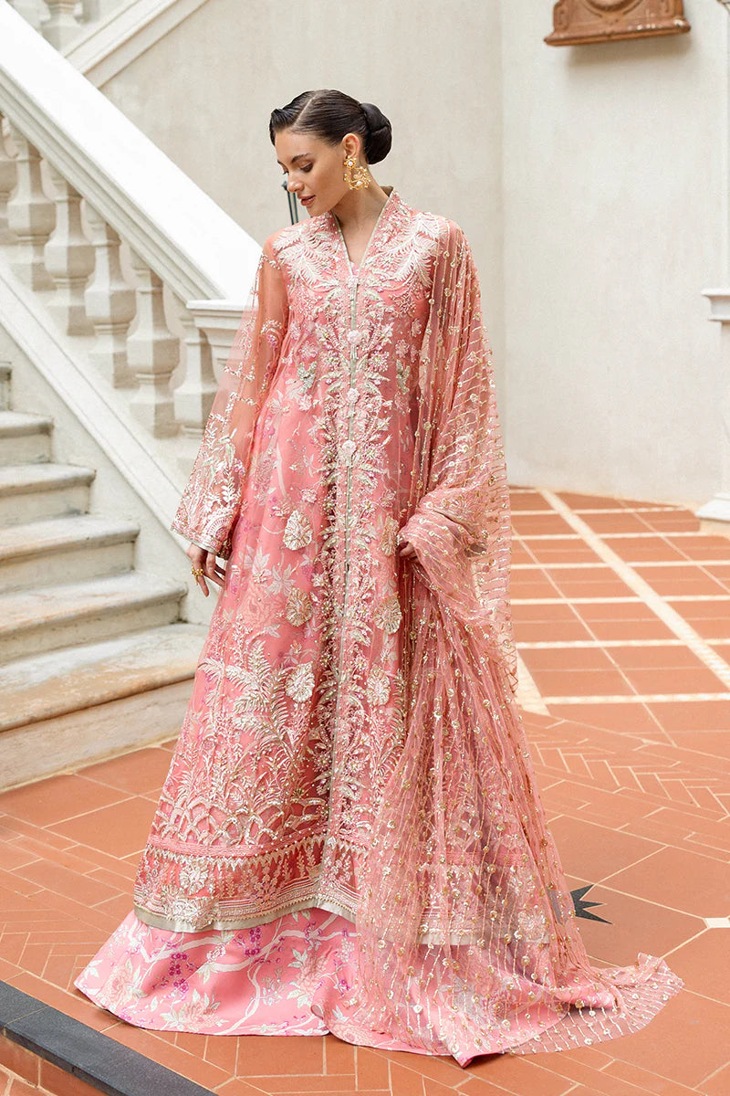 Mushq Wings of Desire coral couture bridal & formal attire with sequins and 3D embellishments – shop online at Pakistanimoda.com