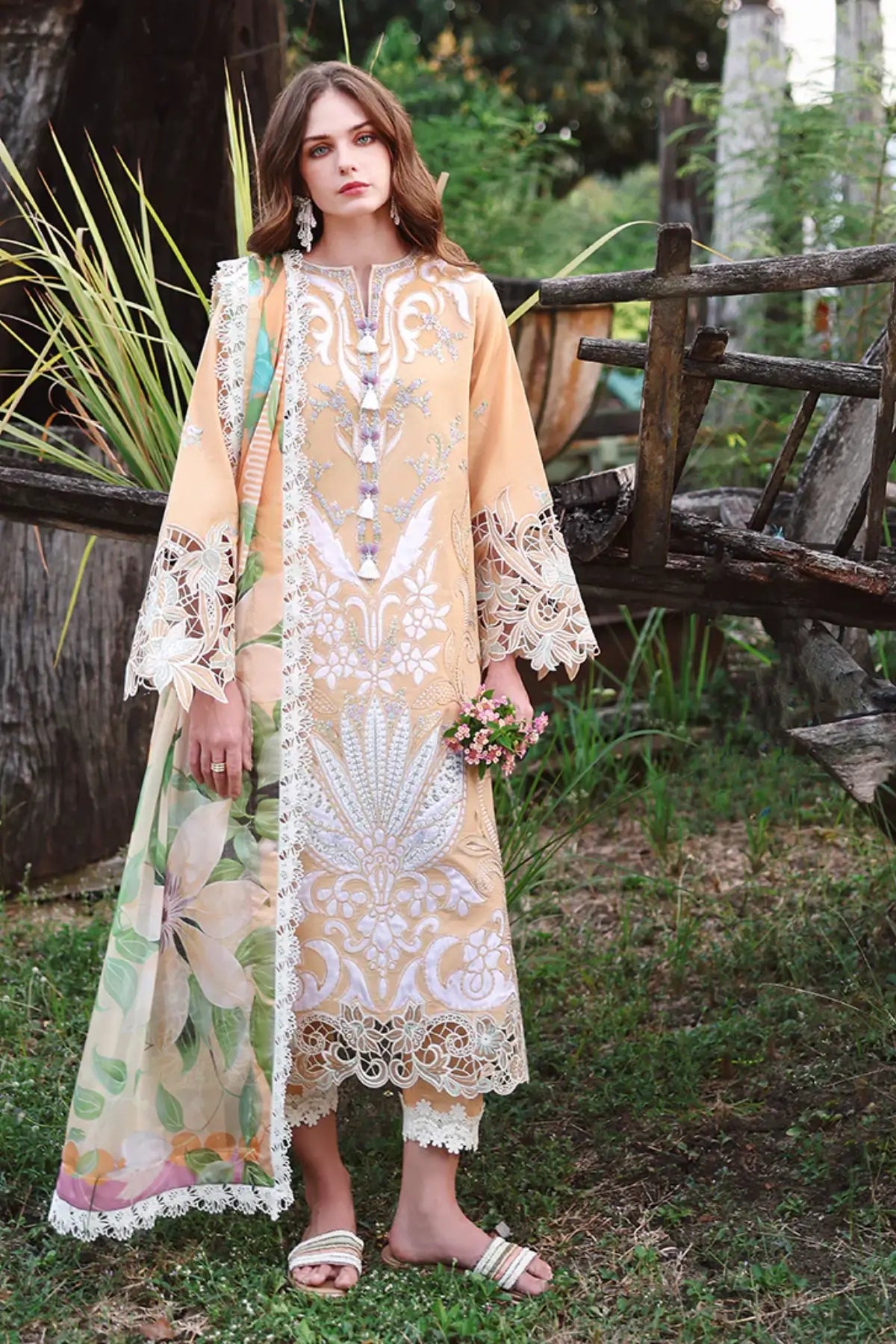 Wisteria Veil yellow Mushq appliqué lawn stitched 3PC suit with silk dupatta