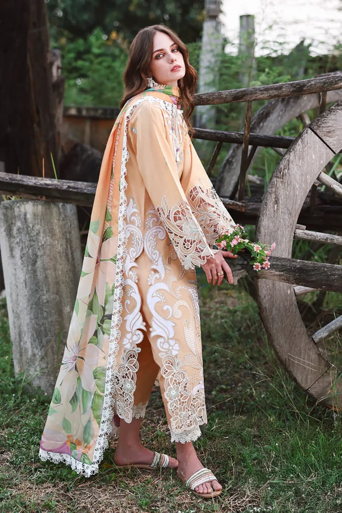Wisteria Veil yellow Mushq appliqué lawn stitched 3PC suit with silk dupatta
