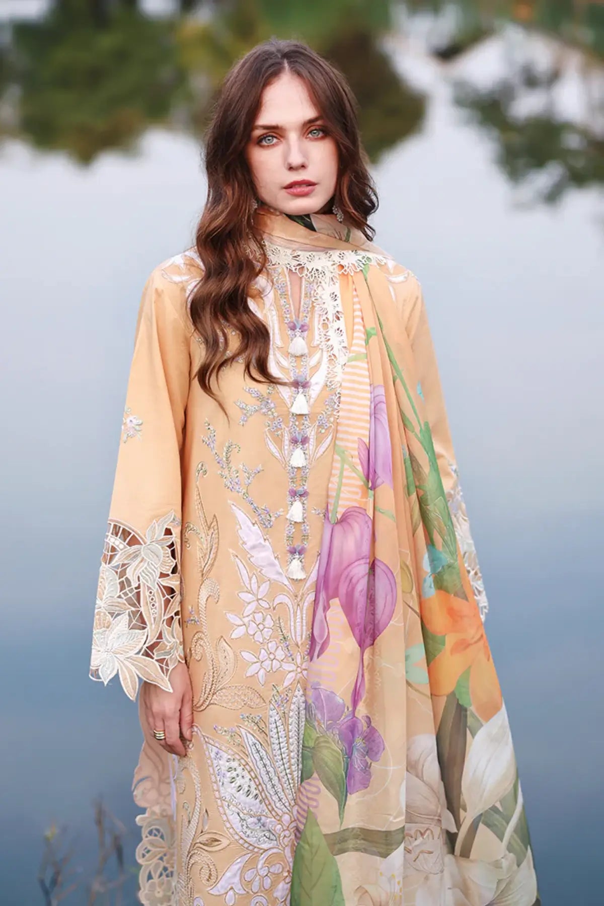 Wisteria Veil yellow Mushq appliqué lawn stitched 3PC suit with silk dupatta