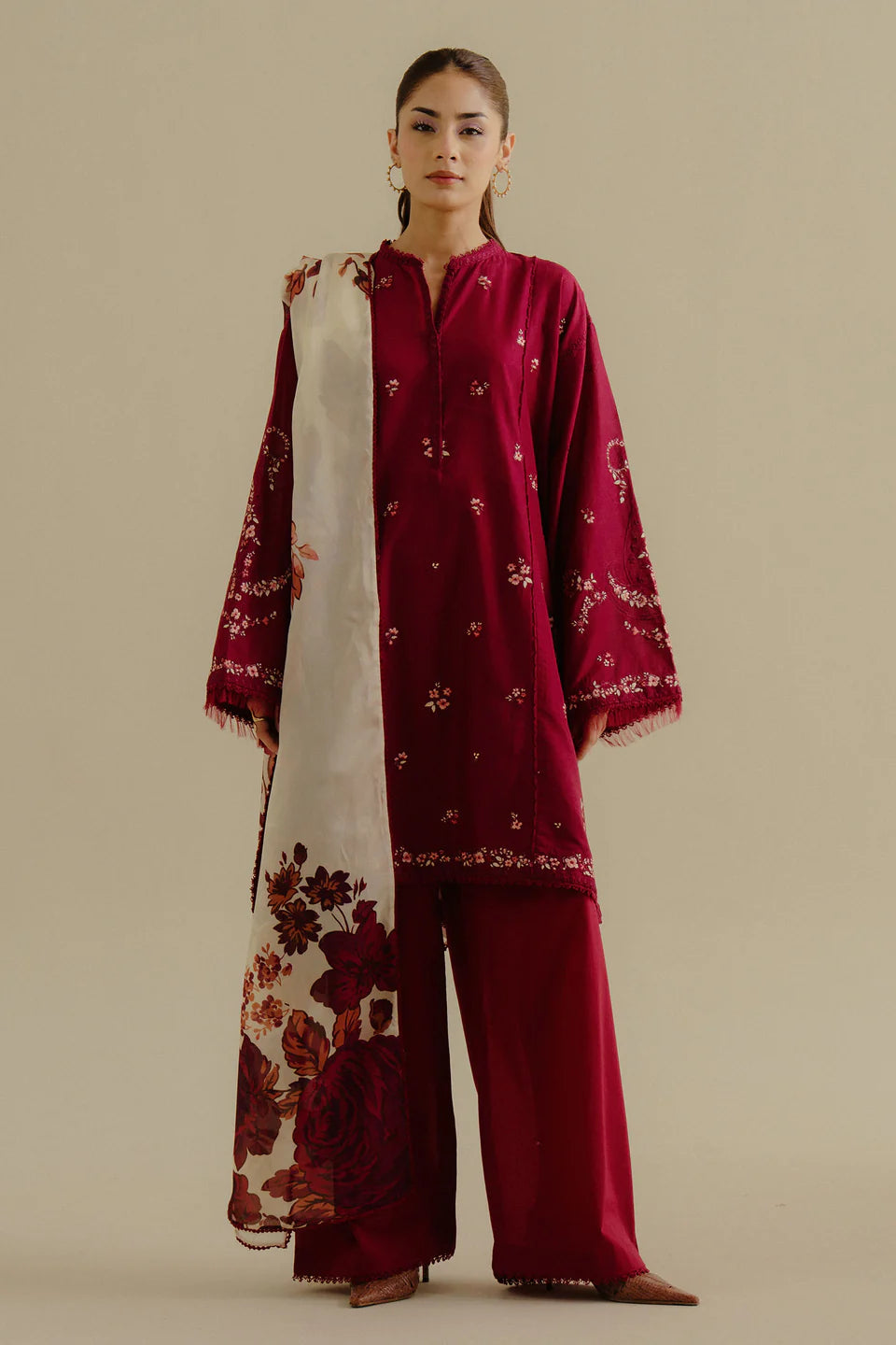 Yana-4B- Rich red embroidered lawn suit for summer wear By- Zara Shahjahan