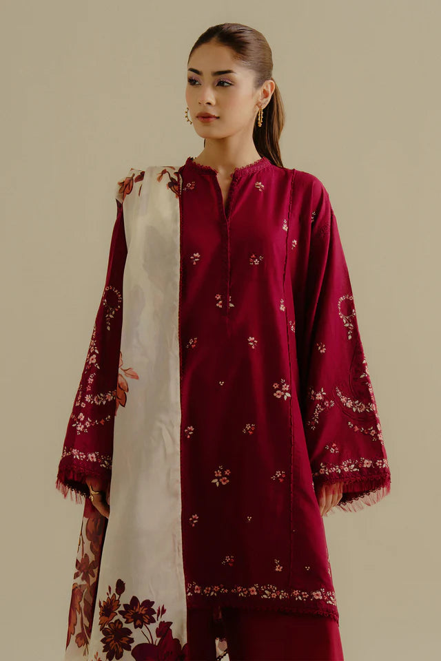 Yana-4B- Rich red embroidered lawn suit for summer wear By- Zara Shahjahan